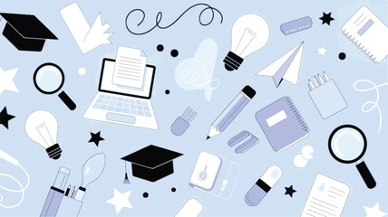 Seamless pattern of educational and school supplies on a light blue background learning laptop