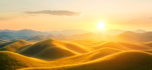 Sunset over rolling sand and distant mountains, gentle haze glows across quiet valleys with smooth curves.