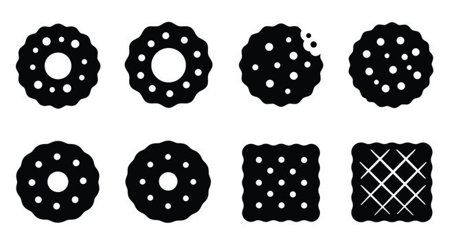 A collection of monochrome biscuit and cookie icons in varying shapes