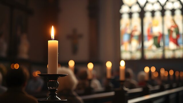 sermon. Peaceful Christian worship scene illuminated by candlelight, creating a serene spiritual atmosphere. event programs, museum guides, designed for cultural heritage projects and event programs.