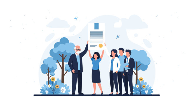 Team celebrating contract success in park setting, showing company achievement and teamwork, perfect for corporate communications and company growth