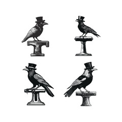 Fototapeta premium A set of four unique monochrome vector illustrations featuring a distinguished raven or crow wearing a gentleman's top hat, perched on an antique pedestal or bollard