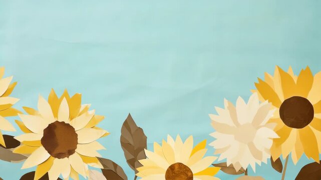 Aerial view of paper-cut sunflowers against a pastel blue background, ideal for a whimsical video backdrop or creative design projects. Live desktop wallpaper.