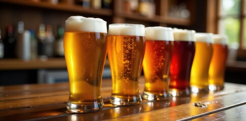 Multiple beer glasses, various fills, wooden table background , light, wood