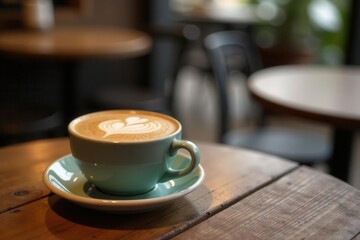 Perfectly frothed latte sits on rustic wooden cafe table , cozy, rustic, table
