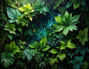 Lush Green Tropical Leaves Wall with a Mystical Blue Glow.
