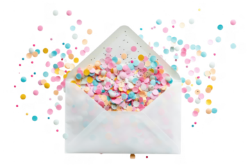Envelope filled with colorful confetti on transparent background