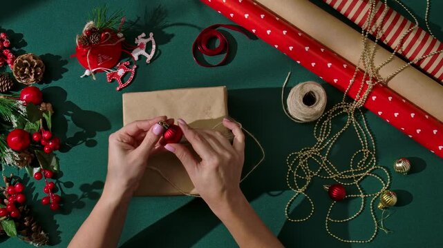 Top view of female hands attaching a small red Christmas ornament to a kraft wrapped present using natural twine. The green background creating festive holiday atmosphere.