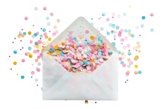 Envelope filled with colorful confetti on transparent background