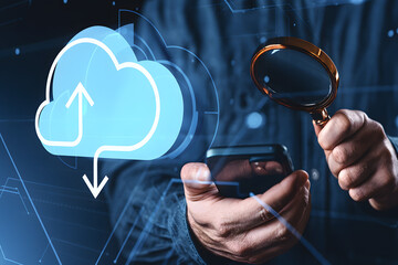 Cloud storage security concept with magnifying glass, digital upload and download icons, and futuristic interface on blue background, symbolizing data protection and secure backup