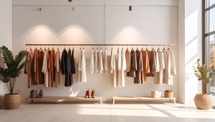 Fashion background with clothes, no people. Clothes hanging on a hanger in a fashion boutique. Minimalism, style, fashion. Background for websites.