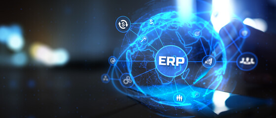ERP System for Manufacturing, Logistics and Workforce Management Projected on Virtual Screen.