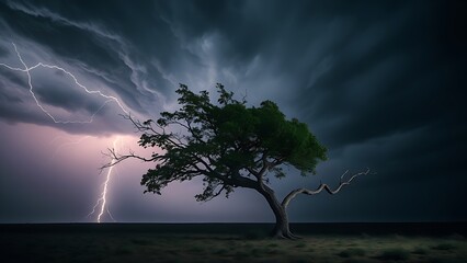superego. A lone tree bent by strong winds during a stormy night with dramatic lighting. ESG reports, sustainability campaigns, designed for sustainability communications and ESG reporting.