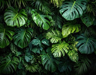Lush Green Tropical Monstera Leaves Wall Background.