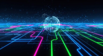 A futuristic, digital network with a glowing, spherical object at its center, surrounded by a colorful, glowing, geometric pattern on a dark background.
