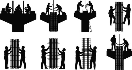 Silhouette vector illustration of construction workers assembling reinforced concrete columns with rebar cages, scaffolding, teamwork, safety, engineering, architecture, and industry