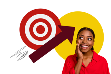 Composite sketch design artwork 3D photo collage of arrow purpose up challenge trader goal success target stats young lady say smile