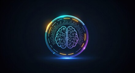 A neon light circle with a brain inside, emitting a blue and purple glow, against a dark background.