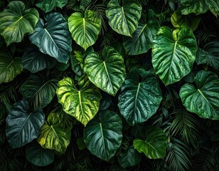 Lush green tropical philodendron leaves in a dense dark jungle.