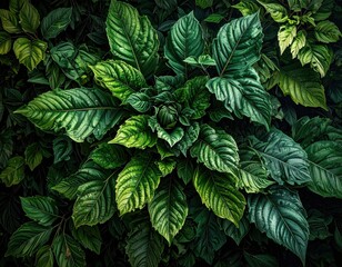 Lush green tropical plant leaves with dramatic moody lighting.