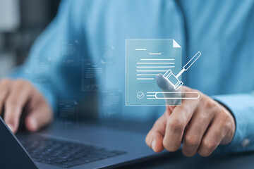 Compliance rules and law regulation policy concept with businessman using laptop and virtual icons, symbolizing enforcement of laws, corporate standards, and business governance