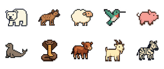 Obraz premium Pixel art animals: diverse 8-bit wildlife collection