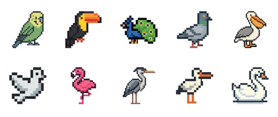 Obraz premium Pixel art collection of colorful birds on white background