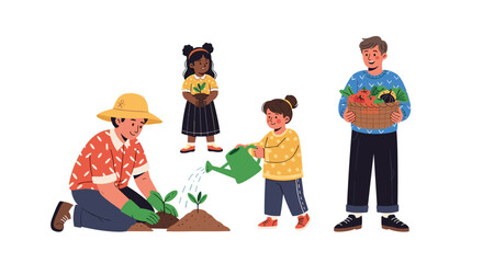 Joyful family gardening together planting seedlings and harvesting fresh produce in a vibrant, healthy outdoor activity