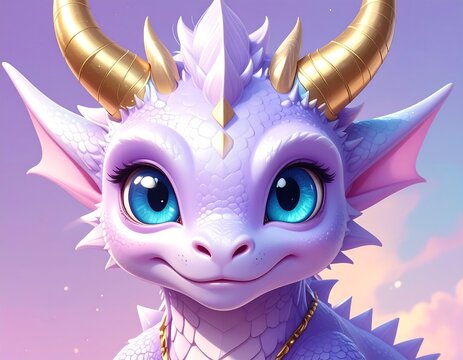 A close-up illustration of a friendly, cartoon dragon with large blue eyes, lavender scales, and golden horns