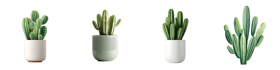 Cactus Plants in Pots Set Isolated on White