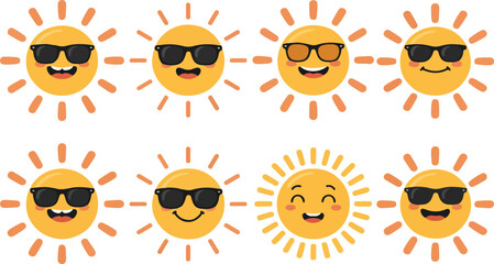 Collection of suns wearing sunglasses sun, sunglasses, yellow, face, happy, cartoon, summer, smiling, illustration, cute, graphic, design, icon, bright, heat, rays, cheerful, character, object