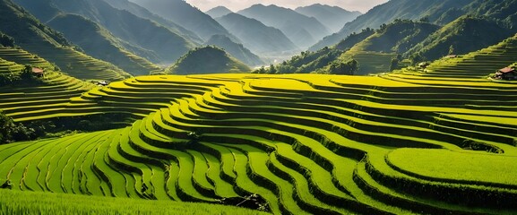 Green Rice Terrace Landscape in Mountain Valley.