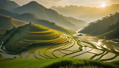 Golden Sunrise Over Lush Rice Terraces in Mountain Valley.