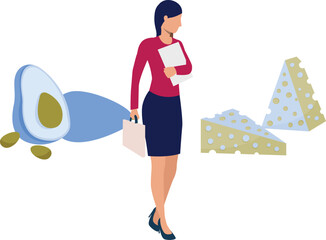 A girl is looking at chees piece