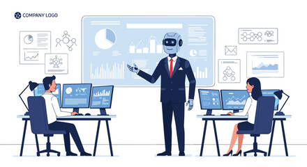 Fototapeta premium Futuristic robot leads business meeting showcasing data analytics and team collaboration in modern office setting