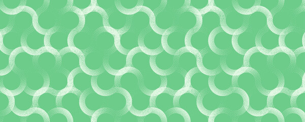 Vector abstract wide panoramic background with overlapping circular line grid elements and halftone grainy texture. Graphic abstraction in calm green palette, perfect for tech or organic design themes