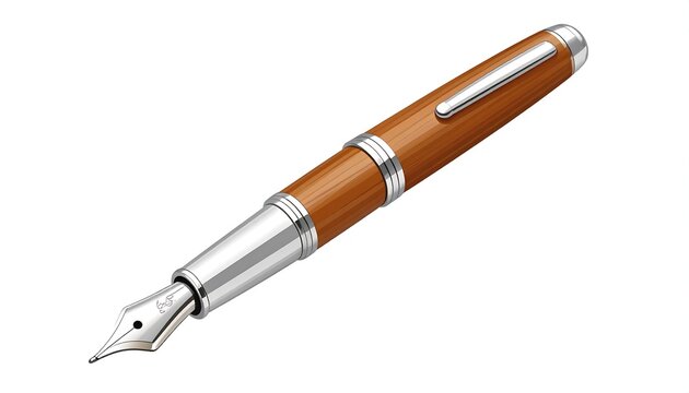 A close-up illustration of a sophisticated writing instrument, featuring a brown barrel, metallic accents, and a silver nib