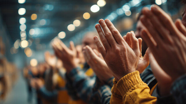 Happy people celebrating success with applause at a shipping event
