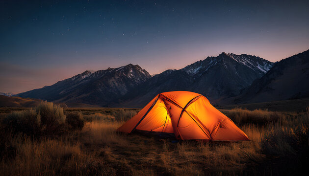 Orange tent glows in mountains under night sky. Camping in wilderness at dusk. Mountains silhouettes, stars in dark blue sky.