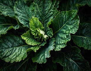 Lush textured green leaves of a vegetable plant on a dark background.