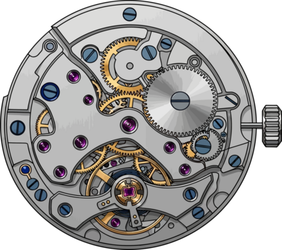 Intricate mechanical watch movement with exposed gears, screws, and jewel bearings