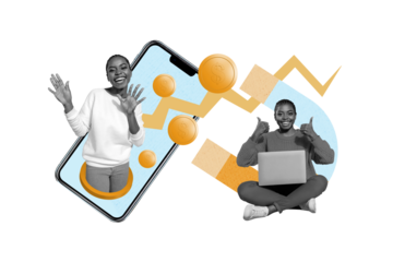 Creative collage smartphone screen golden coins dollars earnings forex market trader laptop virtual currency profit income