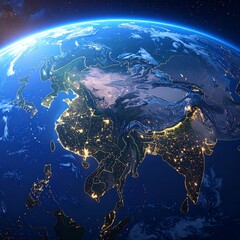 A breathtaking view of Earth at night, highlighting the Asian continent. City lights shimmer against a backdrop of deep blue space