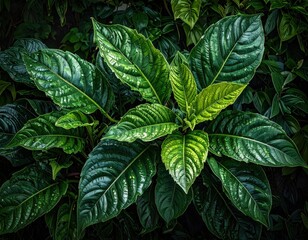 Lush tropical plant with large glossy green leaves in a dark garden.
