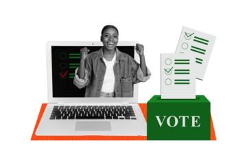 Creative image collage picture young cheerful girl voter candidate make choice online referendum laptop drawing background