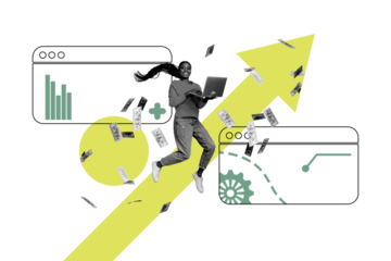 Trend artwork banner sketch 3D photo collage of success target business analyzing trader arrow point young lady fly money banknote laptop