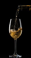 Elegant golden bubbly wine pouring into a crystal flute, creating a striking contrast against a deep, dramatic black background ,event ,effervescence ,champagne