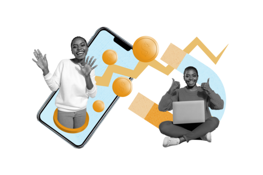 Creative collage smartphone screen golden coins dollars earnings forex market trader laptop virtual currency profit income