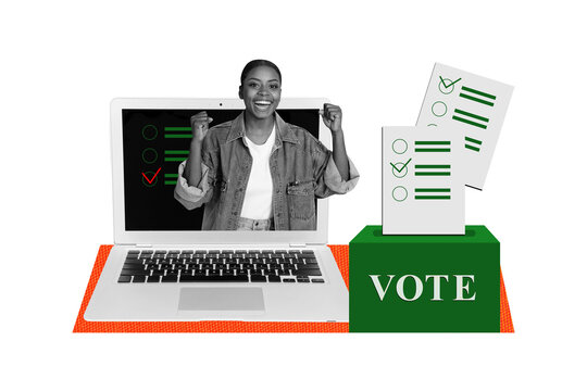 Creative image collage picture young cheerful girl voter candidate make choice online referendum laptop drawing background