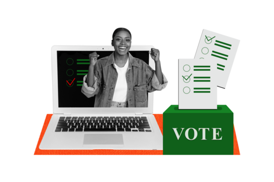 Creative image collage picture young cheerful girl voter candidate make choice online referendum laptop drawing background
